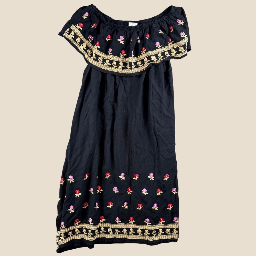 Moda-OM Dress Womens L Black Off Shoulder Floral Embroidered Fiesta Boho Folk